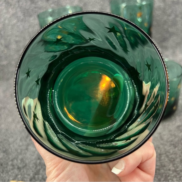 Vtg Set Of 4 Libbey Anchor Hocking Green Gold Stars Metropolitan Juniper Glasses - Picture 4 of 9